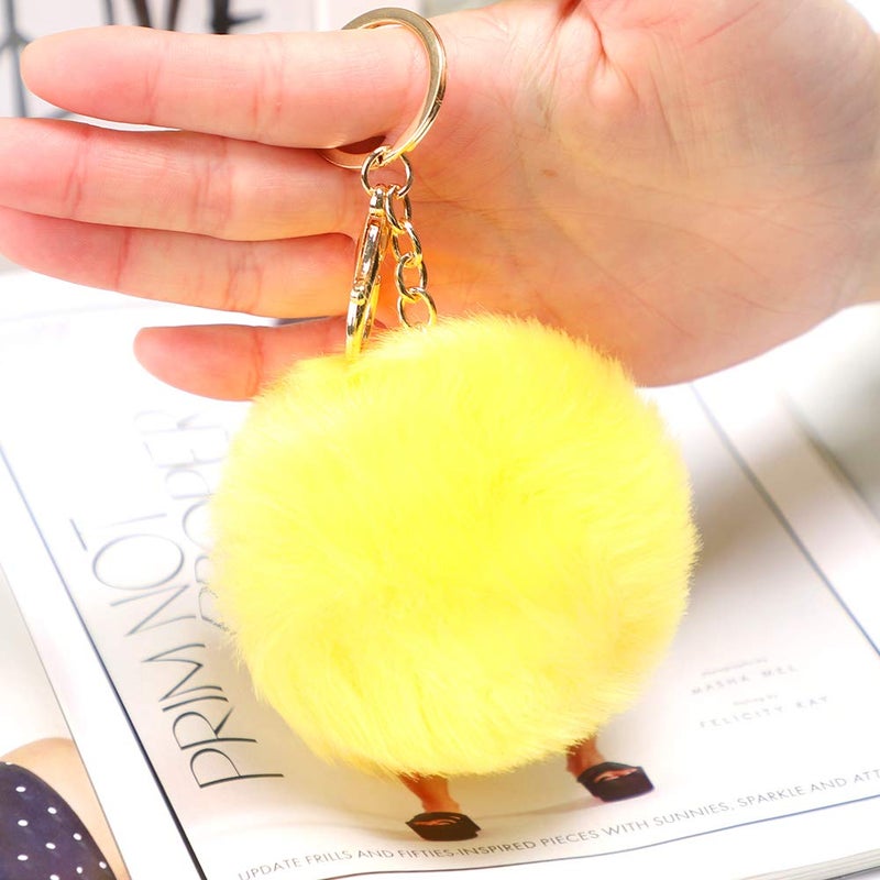 Soleebee Soft Artificial Rabbit Fur Keychain Plom Pom Key Ring Cute Plush Ball Bag Charm for Women Girls (Yellow) - Image 2